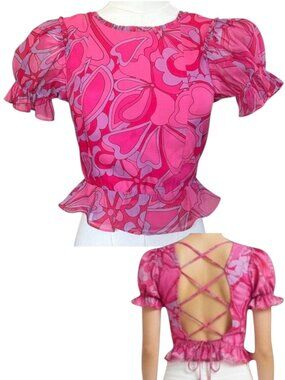 Show Me Your Mumu Daiquiri Peplum Top Candy Heart Pink Lace-Up XS
